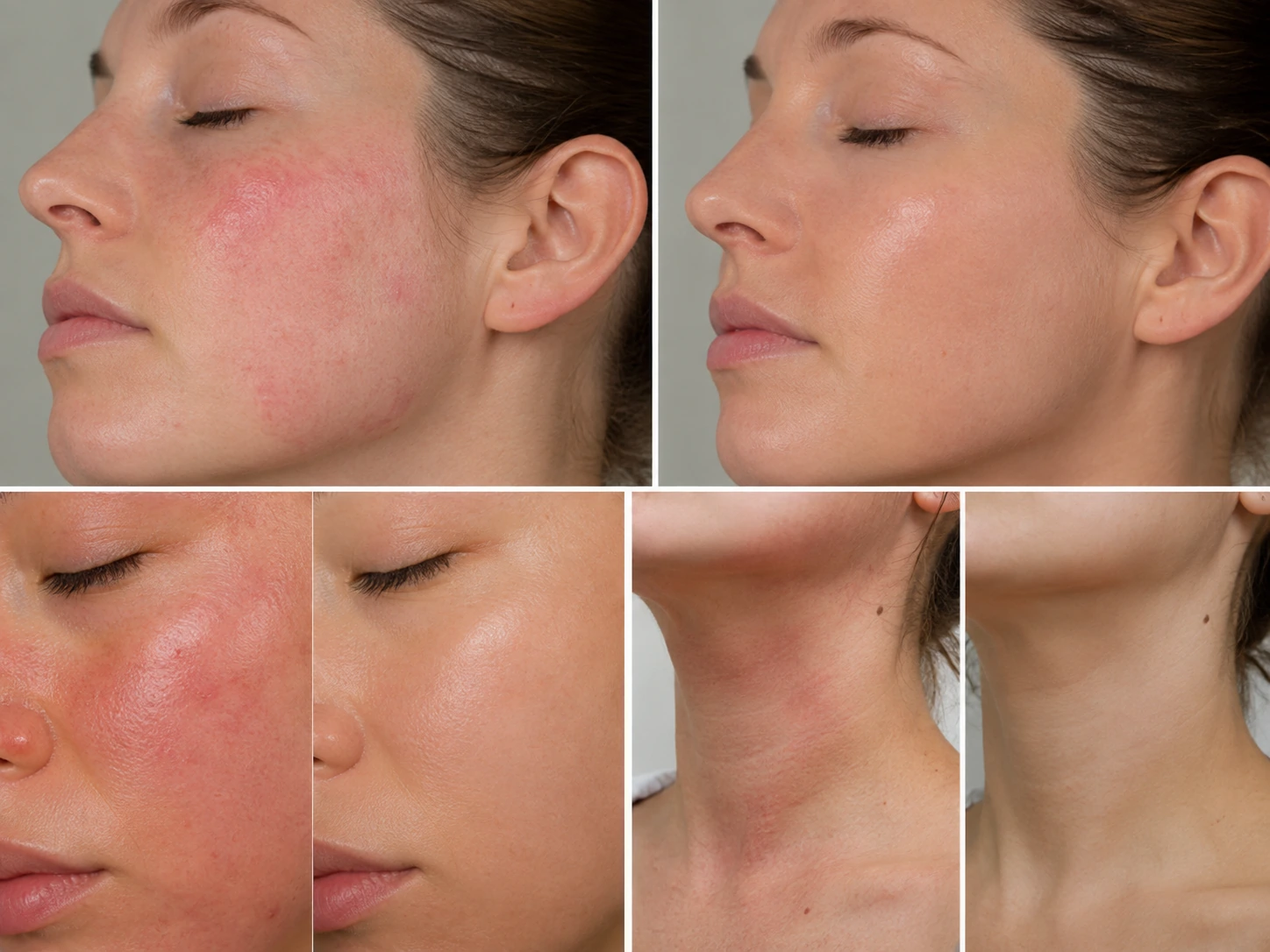 Before and after skincare progress showing reduced redness and improved barrier comfort on the face and neck