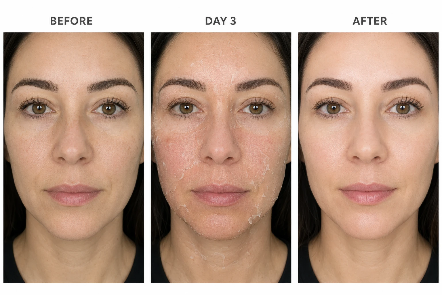 Illustrative before, day 3, and after chemical peel skin progression