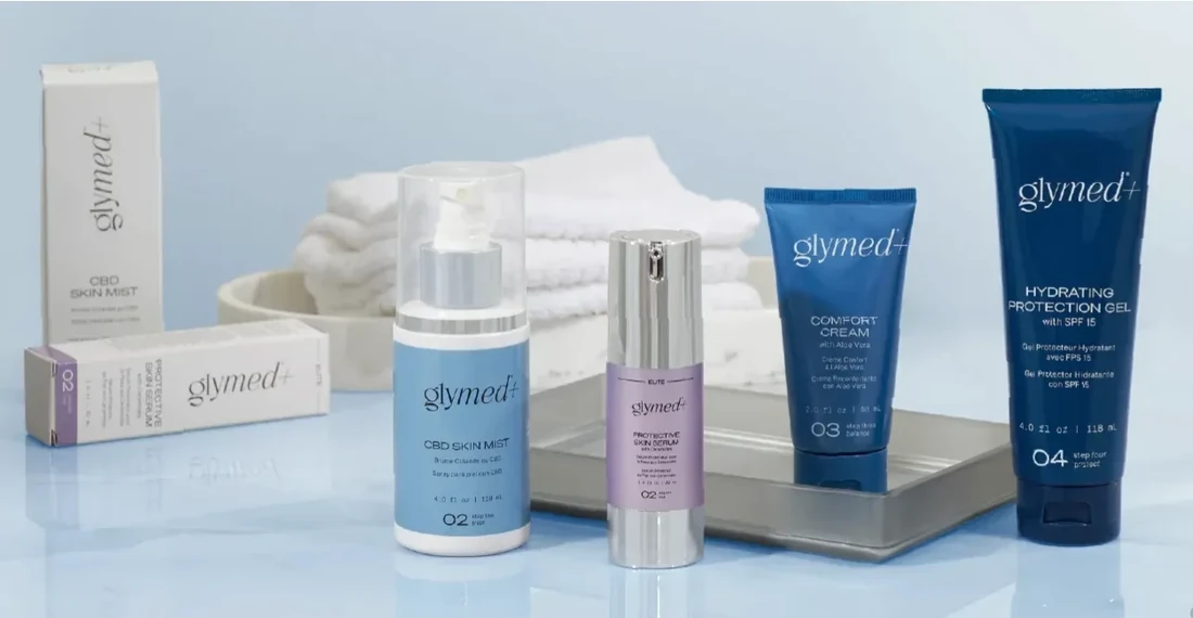 Selected GlyMed+ skincare products including mist, serum, cream and SPF gel