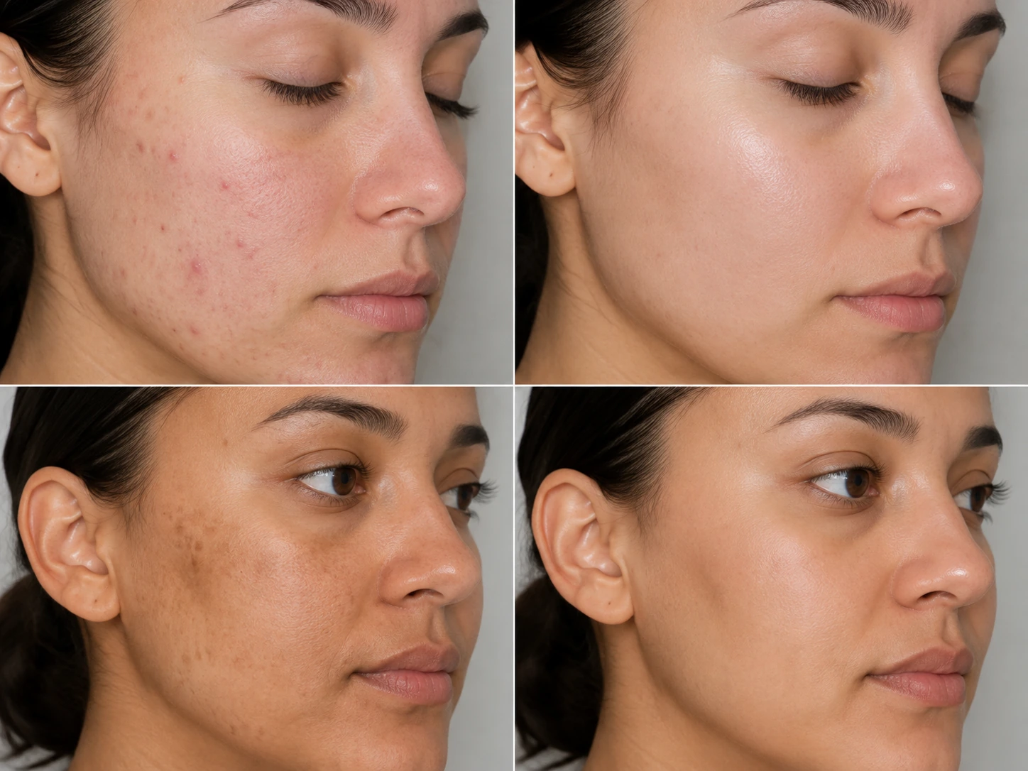 Before and after skincare progress showing improvement in acne, post-breakout marks and uneven pigmentation
